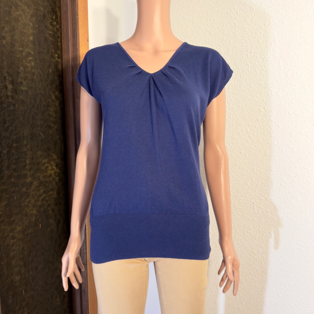 Silk Cotton Wool Cashmere Blend Short Sleeve Navy Knit | Banana Republic | Sz M